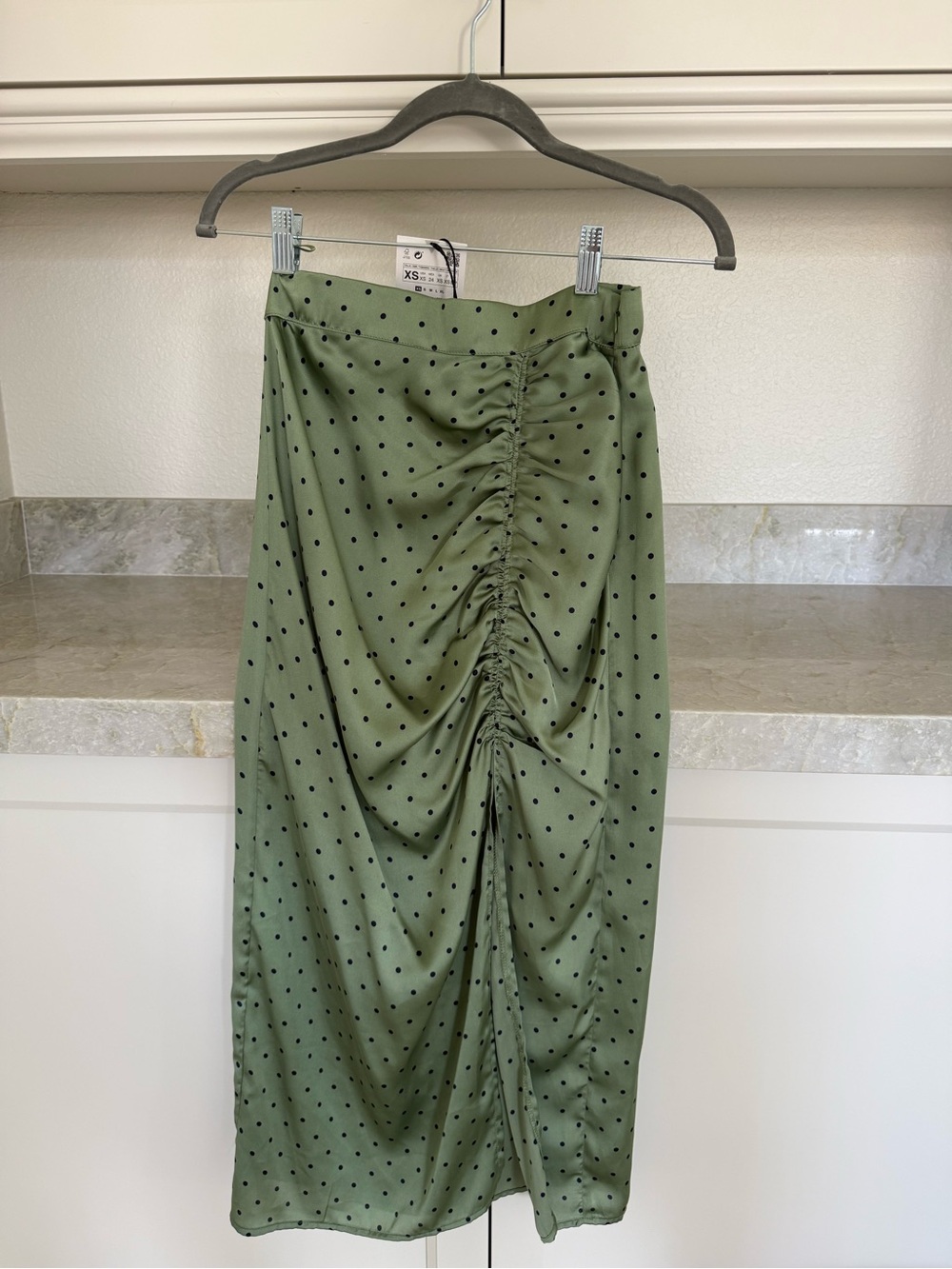 Zara Olive Green Polka Dot Ruched Maxi Skirt